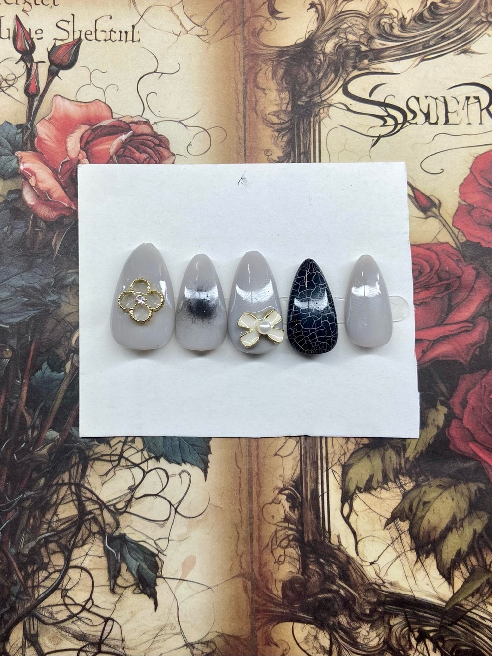 Neutral Gray & Black Press-On Nail Set with Floral Charms